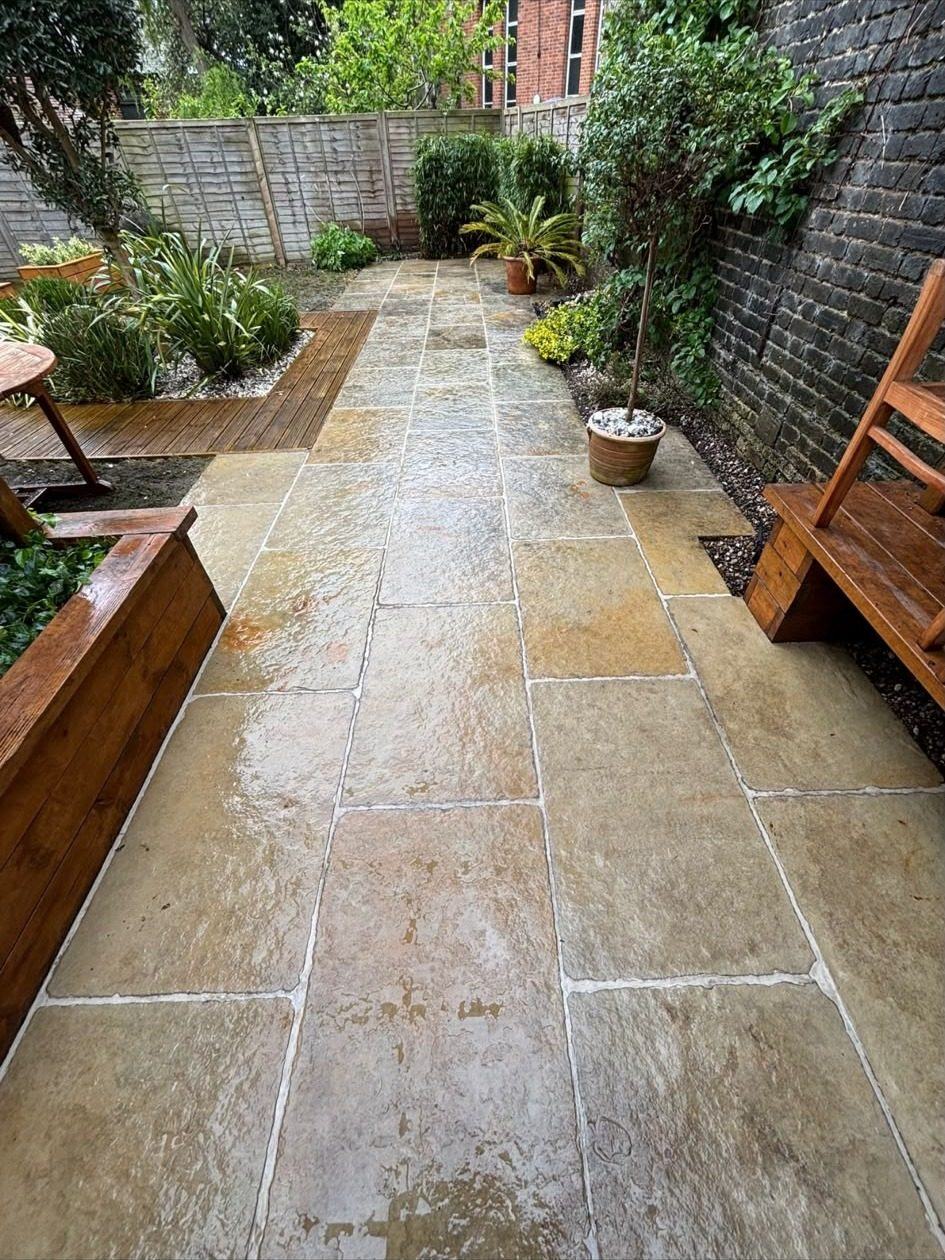 Sandstone paving after jet washing