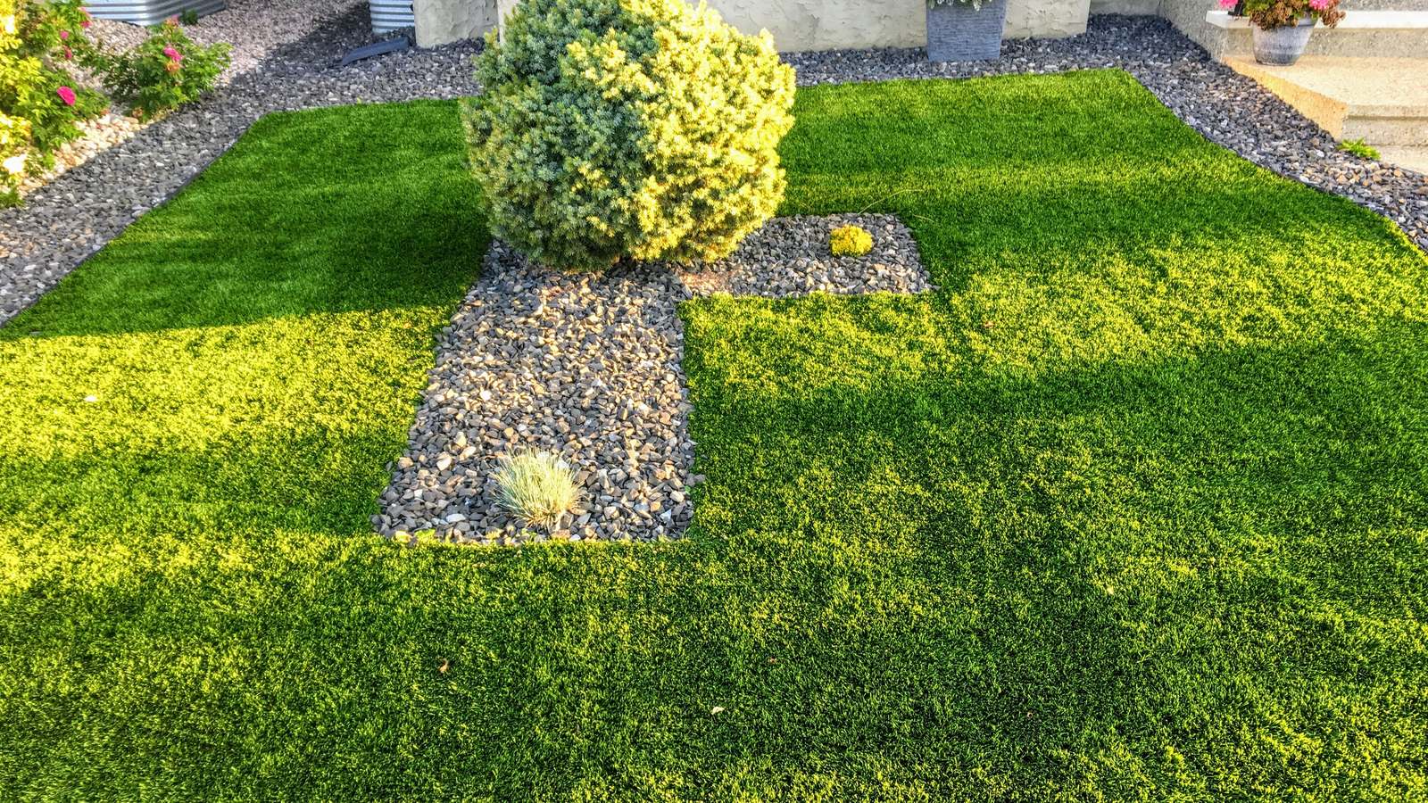 A mown lawn with clipped shrubs and a gravel bed alongside
